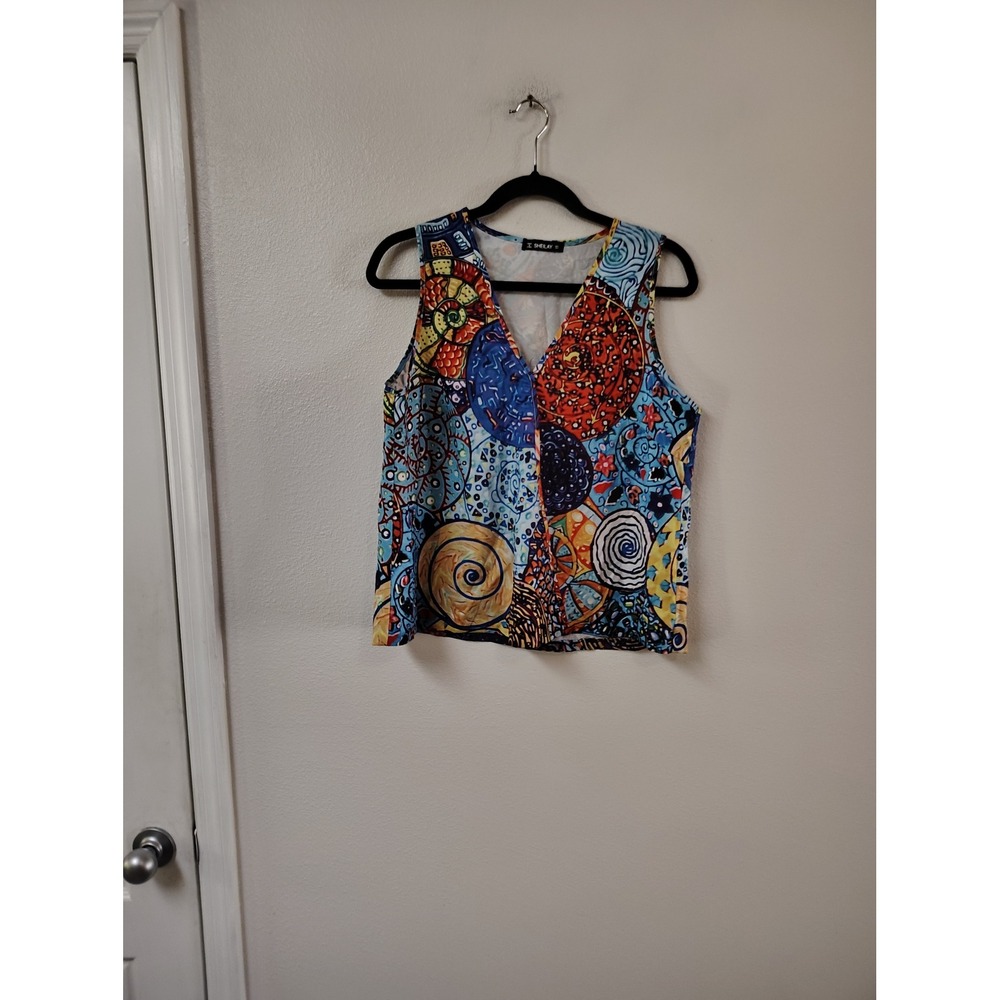 Sheilay Womens Abstract Mosaic Print Sleeveless V-Neck Blouse‎ Top Multicolor L
